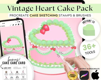 Vintage Heart Cake Sketching PROCREATE Brushes & Stamps, Digital Cake Design, Buttercream Piping, Lambeth, 3D, Retro Cake FREE Cake Care
