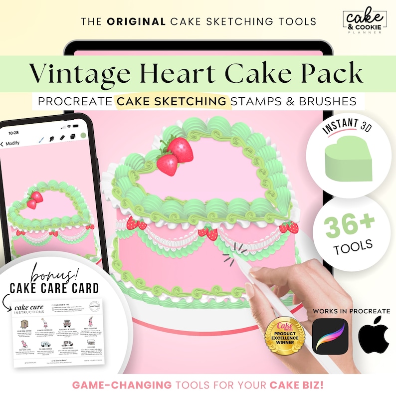 May include: A digital illustration of a pink heart-shaped cake with green frosting, strawberries, and decorative elements. The image includes the text "Vintage Heart Cake Pack" and "Procreate Cake Sketching Stamps & Brushes". Also included is a "Cake Care Card".