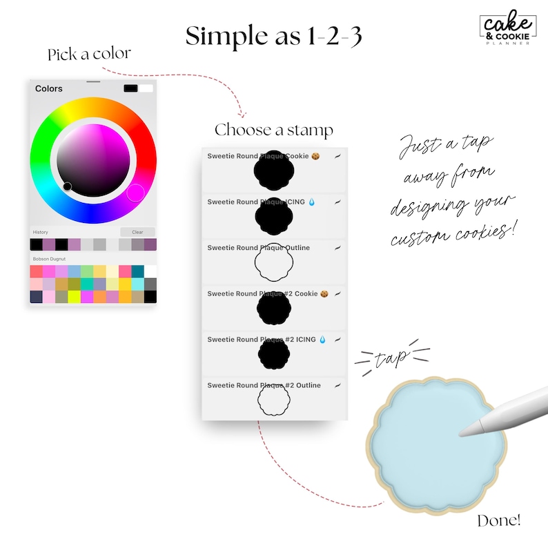 May include: A digital interface showing the steps to design custom cookies. The steps are: pick a color, choose a stamp, and tap to design. The interface includes a color wheel and cookie stamp options.