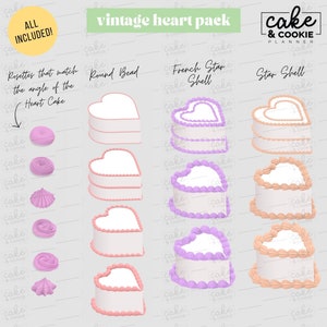 May include: An image showcasing a "vintage heart pack" with various cake designs. The image includes heart-shaped cakes with different frosting styles, such as round bead, French star shell, and star shell. Also shown are rosettes that match the angle of the heart cake.