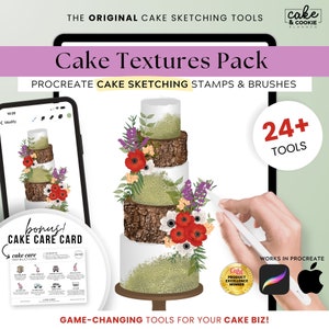 May include: Procreate cake sketching stamps and brushes for digital cake artists. The pack includes 24+ tools to create realistic cake textures. The image shows a digital illustration of a four-tier cake with a rustic wood bark texture, green moss, and white and red flowers.