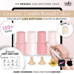 May include: A digital illustration of a Procreate brush set for cake sketching. The set includes 130+ tools, including contour combs, round cake stamps, and brushes. The image shows a digital illustration of a cake on a cake stand. The text "Instant 3D" is visible in the upper right corner of the image. The text "Game-Changing Tools for Your Cake Biz!" is visible at the bottom of the image.