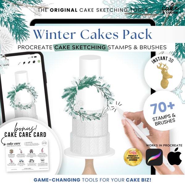 Winter Cake Sketching PROCREATE Brushes & Stamps, Digital Cake Design, Snowflake, Poinsettia,  Garland, Spruce, Knit, Xmas FREE Cake Care