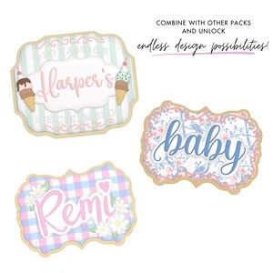 May include: Three decorative signs with text. One sign says "Harper's ICE CREAM SHOP" with ice cream cone illustrations. Another says "baby" with floral patterns. The third sign says "Remi" with floral accents. Text reads "COMBINE WITH OTHER PACKS AND UNLOCK endless design possibilities!"