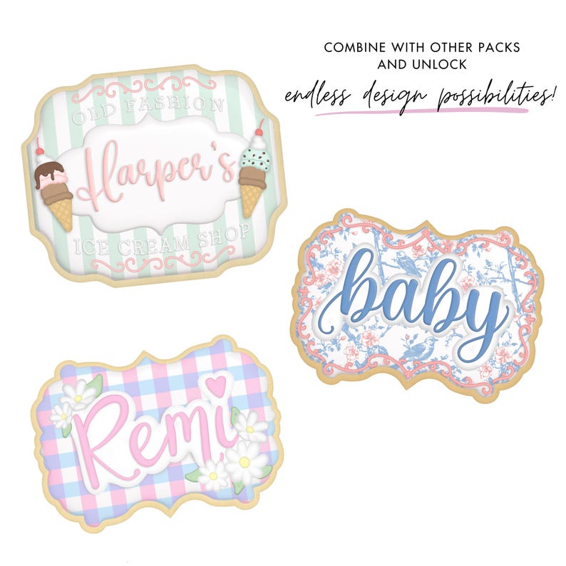 May include: Three decorative signs with text. One sign says "Harper's ICE CREAM SHOP" with ice cream cone illustrations. Another says "baby" with floral patterns. The third sign says "Remi" with floral accents. Text reads "COMBINE WITH OTHER PACKS AND UNLOCK endless design possibilities!"