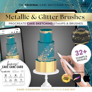 Metallics and Glitter Cake Sketching PROCREATE Brushes & Stamps, Digital Cake Design, Baker Tasting, Edible Glitter Gold Leaf FREE Cake Care