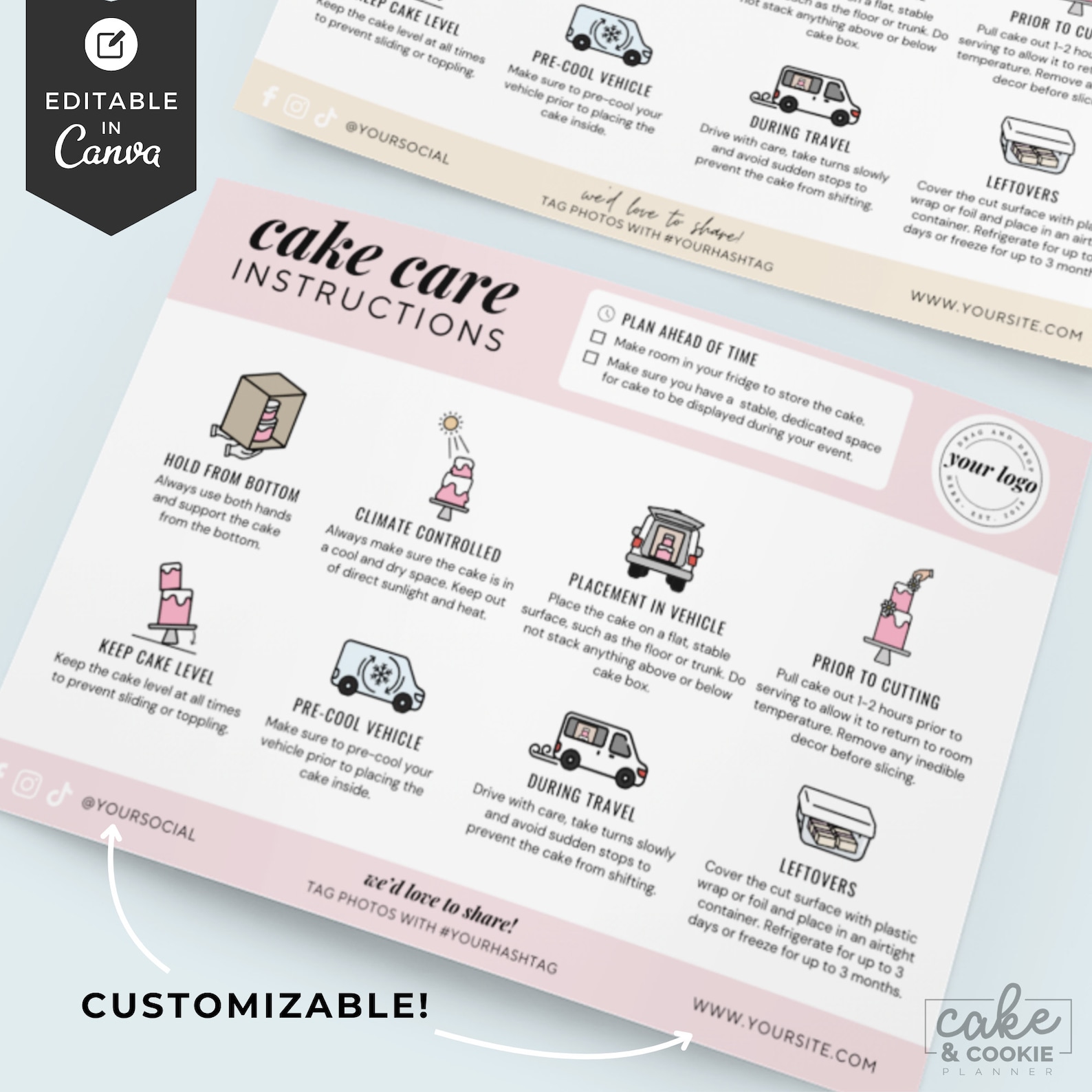 Editable Cake Care Card Template, Bakery Care Card, Canva Template ...