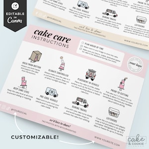 Editable Cake Care Card Template, Bakery Care Card, Canva Template, Cake Business Printable, Cake Care Insert, Cake Instructions