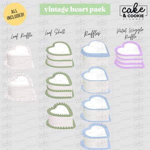 May include: A collection of heart-shaped cake designs with various decorative elements, including ruffles and leaf patterns. The image features the text "vintage heart pack" and "ALL INCLUDED!" in a playful, colorful layout, perfect for baking enthusiasts.
