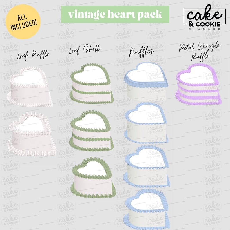 May include: A collection of heart-shaped cake designs with various decorative elements, including ruffles and leaf patterns. The image features the text "vintage heart pack" and "ALL INCLUDED!" in a playful, colorful layout, perfect for baking enthusiasts.