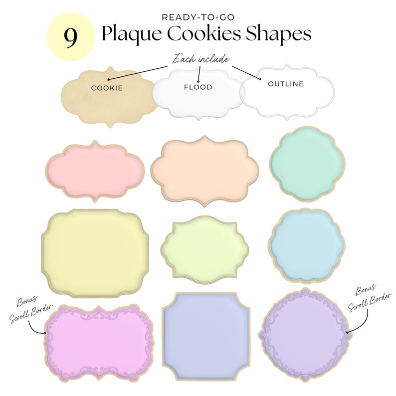 May include: An image showcasing nine plaque cookie shapes in various pastel colors, including pink, peach, yellow, and blue. The text "READY-TO-GO" and "9 Plaque Cookies Shapes" are at the top. Each shape includes a cookie, flood, and outline.