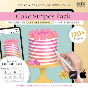Peut inclure: Pack de tampons et de pinceaux de dessin de gâteaux Procreate avec plus de 120 outils. Le pack comprend une carte de soin des gâteaux bonus avec des instructions. L'image montre un gâteau rayé rose et orange avec un glaçage rose sur le dessus. Le gâteau est sur un support jaune. L'image montre également une main tenant un stylet sur l'écran d'une tablette. Le texte "Cake Stripes Pack" est en haut de l'image. Le texte "120+ Outils" est dans un cercle doré sur le côté droit de l'image. Le texte "Fonctionne avec Procreate" est sur le côté droit de l'image.