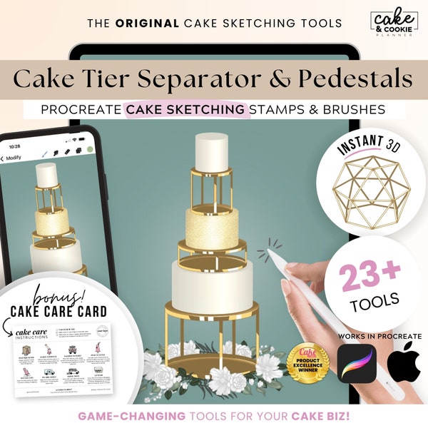 Cake Pedestal Separators Cake Sketching PROCREATE Stamps, Digital Cake Design, Stand, Geometric, Hexagon, Circle, Rhinestone FREE Cake Care
