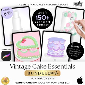 Vintage Piped Cake Sketching PROCREATE 3D Stamps BUNDLE, Digital Design, Cake Frosting, Retro Heart, Template, Decorating  & FREE Cake Care