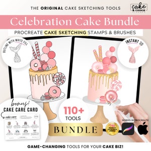 Celebration Cake Sketching PROCREATE Brushes & Stamps Bundle, Digital Cake Design, Birthday, Chocolate, Macaron, Candy, Donut FREE Cake Care