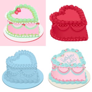 May include: Four heart-shaped cakes in pink, red, blue, and pink with blue frosting. The pink cake has green frosting and strawberries. The red cake has red frosting. The blue cake has blue frosting. The pink cake has "birthday baby" text.