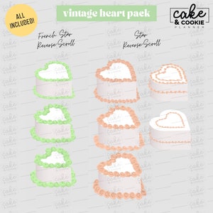 May include: Digital illustrations of heart-shaped cakes with white frosting and decorative borders. The cakes are in various colors, including green and peach, with the text "vintage heart pack" and "cake & cookie planner".
