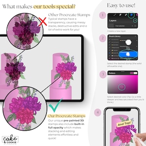 May include: A digital art tutorial shows how to use Procreate stamps. The image displays a tablet and phone with step-by-step instructions. The tutorial highlights the use of pre-painted 3D stamps with full opacity for easy stacking and editing of elements.