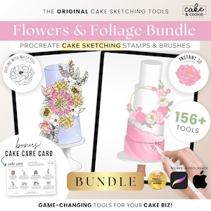 156+ Flowers Cake Sketching PROCREATE Stamps Bundle, Digital Cake Design, Foliage, Floral, Botanical, Leaves, 3D & Outline, FREE Cake Care