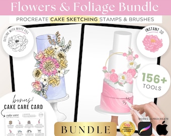 156+ Flowers Cake Sketching PROCREATE Stamps Bundle, Digital Cake Design, Foliage, Floral, Botanical, Leaves, 3D & Outline, FREE Cake Care