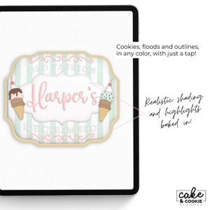 May include: An ice cream shop sign design with the text "Harper's Ice Cream Shop" in pink script. The sign has a light green and white striped background, with two ice cream cone illustrations. The sign also has the text "Old Fashion" and "Ice Cream Shop".