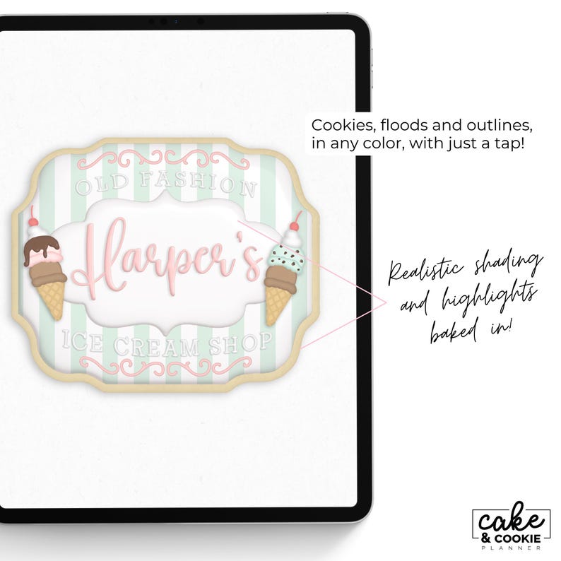 May include: An ice cream shop sign design with the text "Harper's Ice Cream Shop" in pink script. The sign has a light green and white striped background, with two ice cream cone illustrations. The sign also has the text "Old Fashion" and "Ice Cream Shop".
