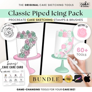 Piped Icing Cake Sketching PROCREATE Brushes & Stamps Bundle, Digital Cake Design, Buttercream Piping, Template, Decorating,  FREE Cake Care