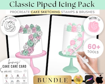 Piped Icing Cake Sketching PROCREATE Brushes & Stamps Bundle, Digital Cake Design, Buttercream Piping, Template, Decorating,  FREE Cake Care