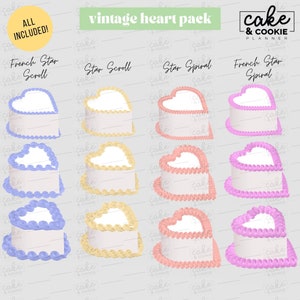 May include: A collection of heart-shaped cakes with various frosting designs. The cakes feature different colors, including blue, yellow, pink, and purple, and are labeled with text such as "French Star Scroll" and "Star Spiral". The phrase "vintage heart pack" is also visible.