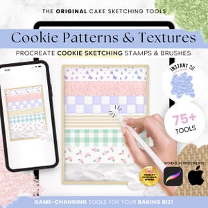 May include: Digital art tools for cake design. The image shows a tablet and phone displaying cookie pattern designs. Text includes "Cookie Patterns & Textures" and "Procreate Cookie Sketching Stamps & Brushes." The image also features a "Cake Product Excellence Winner" badge.