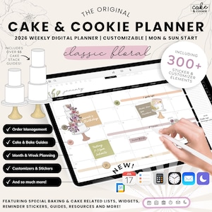 Puede incluir: Planificador digital para pasteles y galletas, con un diseño floral clásico. Incluye más de 300 pegatinas y elementos personalizables. El planificador incluye gestión de pedidos, guías de pastelería y planificación mensual y semanal.