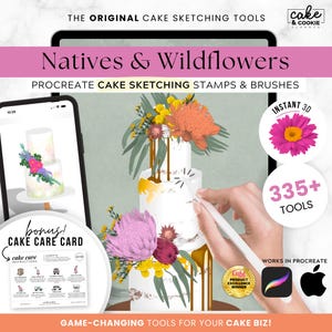 156+ Native and Wildflowers Flowers Cake Sketching PROCREATE Stamps Bundle, Digital Cake Design, Foliage, Botanical, Leaves, FREE Cake Care