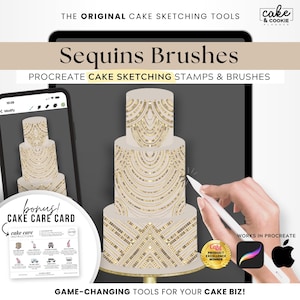 May include: Procreate cake sketching stamps and brushes for creating realistic sequin designs. The image shows a three-tiered cake decorated with gold sequins, a digital tablet, and a stylus. The text "Sequins Brushes" is displayed in a large font at the top of the image.