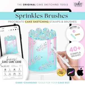 May include: Procreate cake sketching stamps and brushes for digital artists.  The image shows a digital illustration of a cake with pink and blue frosting, sprinkles, and drips.  The text "Sprinkles Brushes" is at the top of the image.  The text "40+ Stamps & Brushes" is in the lower right corner of the image.  The text "Instant 3D" is in the upper right corner of the image.  The text "Works in Procreate" is in the lower right corner of the image.