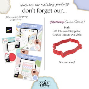 May include: Image features a red cookie cutter and Procreate digital design tools. The image includes text: "Matching Cookie Cutters!" and "The Designer's Ultimate Cookie Toolkit." Also shown are "Patterns & Textures" and "25+ Stamps" for digital art.