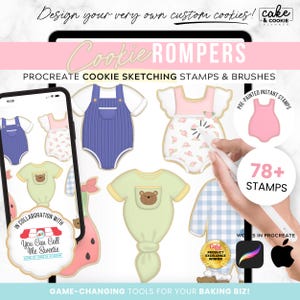 May include: Digital cookie design stamps and brushes for Procreate. The image features various cookie designs, including baby rompers, in pastel colors. The text includes "Cookie Rompers" and "78+ Stamps". The design tools are for baking businesses.