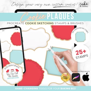 May include: Digital cookie plaque designs with Procreate sketching stamps and brushes. The image shows a tablet and phone displaying cookie designs, along with various cookie shapes in red, white, and blue. The text reads "Cookie Plaques" and "25+ Stamps."