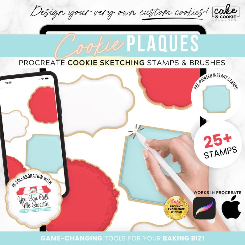May include: Digital cookie plaque designs with Procreate sketching stamps and brushes. The image shows a tablet and phone displaying cookie designs, along with various cookie shapes in red, white, and blue. The text reads "Cookie Plaques" and "25+ Stamps."