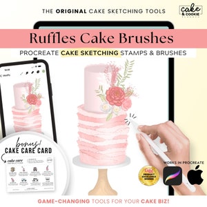 May include: Procreate cake sketching stamps and brushes for digital cake design. The image shows a pink ruffle cake with floral decorations being drawn on a tablet screen. The text "Ruffles Cake Brushes" is displayed at the top of the image.
