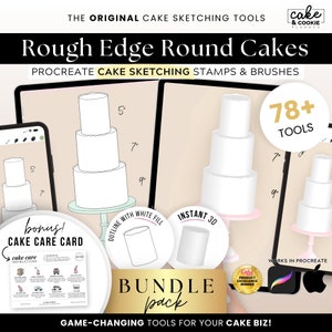 Rough Edge Tiers Cake Sketching PROCREATE Stamps, Digital Cake Design, Baker Tasting Sketch Template, Buttercream, Decorating FREE Cake Care
