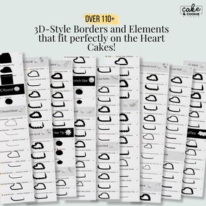 May include: A collection of white cards displaying 3D-style borders and elements for decorating heart-shaped cakes. The cards showcase various designs, including scrolls, stars, and leaf shapes. Text on the cards reads "OVER 110+" and "Cake & Cookie Planner."