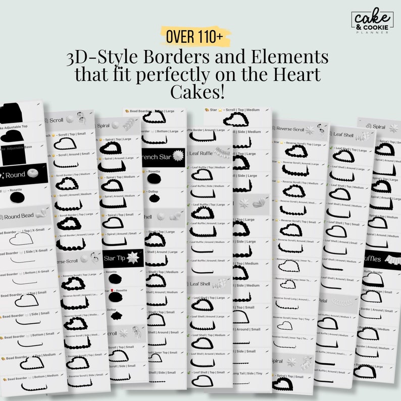 May include: A collection of white cards displaying 3D-style borders and elements for decorating heart-shaped cakes. The cards showcase various designs, including scrolls, stars, and leaf shapes. Text on the cards reads "OVER 110+" and "Cake & Cookie Planner."