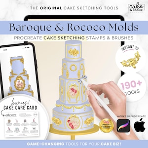 Baroque & Rococo Molds Cake Sketching PROCREATE Brushes, Stamps, Digital Cake Design, gold, royal wedding, scrolls, bas-relief, Bridgerton