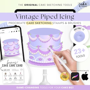 Vintage Icing & Swag Cake Sketching PROCREATE Brushes, Stamps, Digital Cake Design, Buttercream Piping, Lambeth, Retro Cakes FREE Cake Care