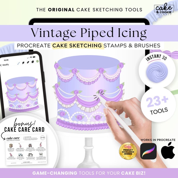 Vintage Icing & Swag Cake Sketching PROCREATE Brushes, Stamps, Digital Cake Design, Buttercream Piping, Lambeth, Retro Cakes FREE Cake Care