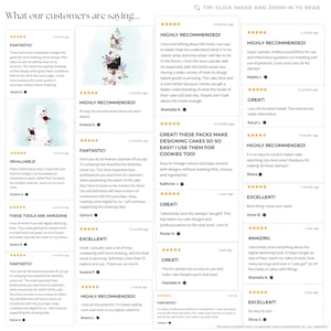 May include: Image features customer reviews with text like "FANTASTIC!" and "HIGHLY RECOMMENDED!" praising digital sketching tools for cake design. The reviews highlight ease of use and time-saving benefits. The image includes a cake design.