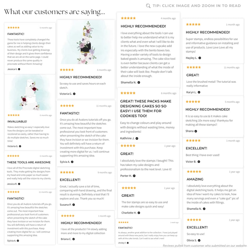 May include: Image features customer reviews with text like "FANTASTIC!" and "HIGHLY RECOMMENDED!" praising digital sketching tools for cake design. The reviews highlight ease of use and time-saving benefits. The image includes a cake design.