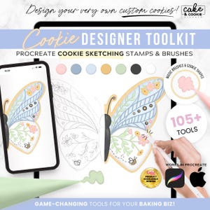 以下が含まれることがあります： Procreateスタンプとブラシを備えたデジタルクッキーデザイナーツールキット。画像には、蝶のクッキーのデザイン、タブレット、電話が表示されています。テキストは「Cookie Designer Toolkit」と「Game-Changing Tools for Your Baking Biz！」と書かれています。