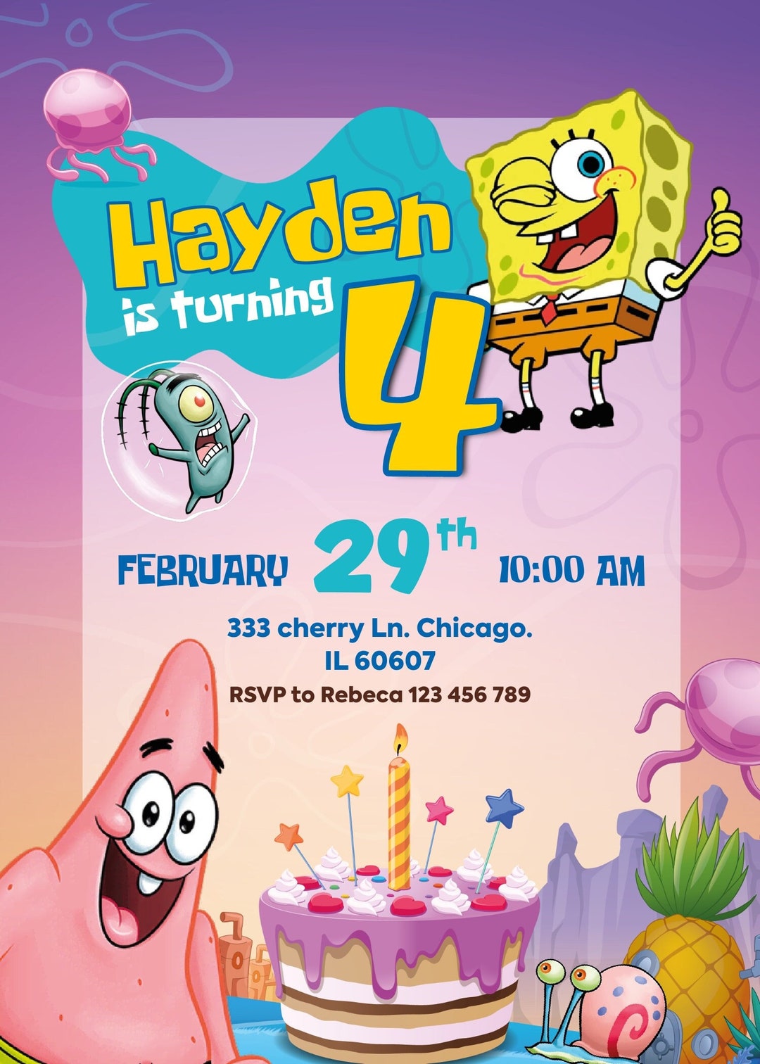 Editable Sponge Bob Birthday Invitation Template, Printable Birthday Party Invitations, Digital ...