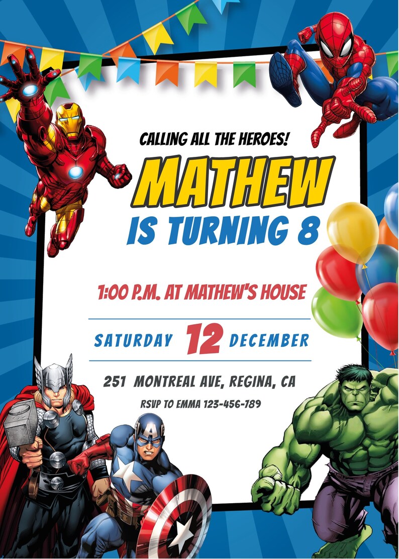 Editable Avengers Birthday Invitation Template, Printable Birthday Party Invitations, Digital